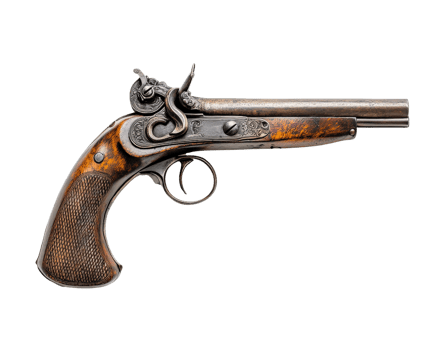 vintage pistol with intricate designs and wooden grip, showcasing craftsmanship and history png