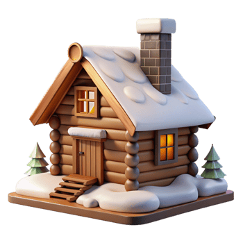 beautiful creative Log cabin, traditional design, stone fireplace, mountain setting, snow-covered landscape, 8k, high detail, exclusive png