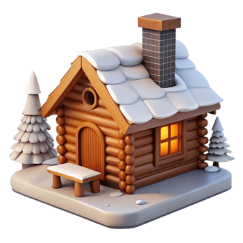 serene rustic Log cabin, traditional design, stone fireplace, mountain setting, snow-covered landscape, 8k, high detail, original png