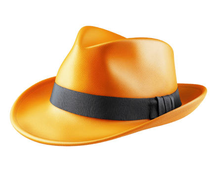 Stylish orange fedora hat with black band, perfect for fashion enthusiasts. This vibrant accessory adds touch of flair to any outfit, making it must have for trendy wardrobes png