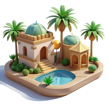 extraordinary minimalist Desert oasis, traditional architecture, palm trees, swimming pool, bright sunlight, 8k, high detail, professional png