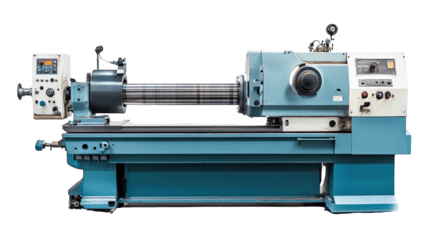 blue industrial lathe machine used for metalworking and precision machining. This equipment is essential for shaping and cutting materials in various manufacturing processes png