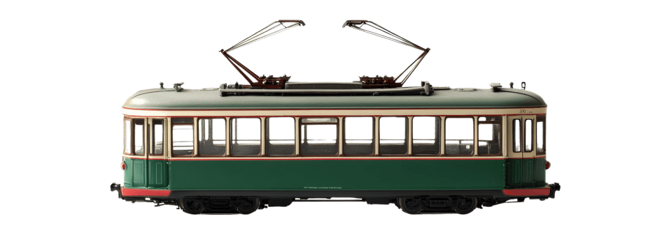 vintage model tram with green and red design, showcasing intricate details and classic aesthetic. This collectible piece represents historical transportation png