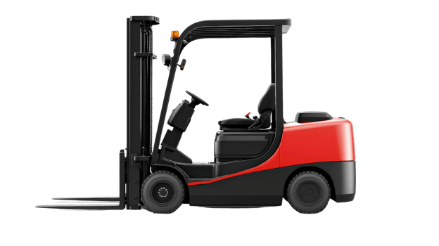 Compact and efficient red forklift with black chassis, designed for warehouse and industrial use, showcasing its lifting capabilities and ergonomic design png
