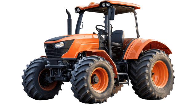 Powerful orange tractor with large tires, ideal for farming and agriculture. This robust vehicle showcases modern design and functionality, perfect for various outdoor tasks png