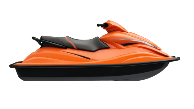 Bright orange jet ski with sleek design and black accents, perfect for water sports and summer fun. Ideal for adventure seekers and water enthusiasts png