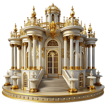 serene minimalist A majestic, baroque palace with ornate gold detailing and marble statues. Dramatic, theatrical lighting with a grand, opulent style high resolution png