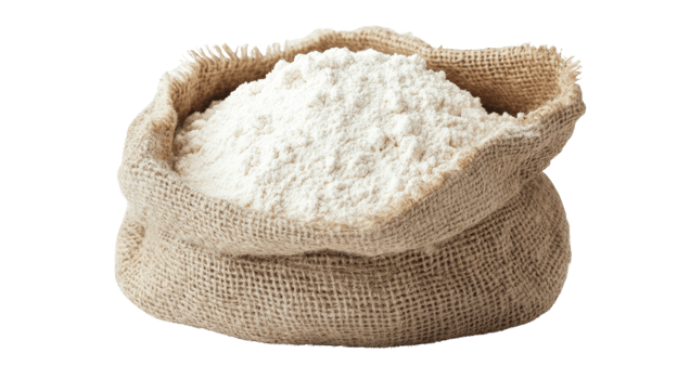 Fresh white flour in burlap sack, perfect for baking and cooking. This versatile ingredient is essential in many recipes, adding texture and flavor to dishes png