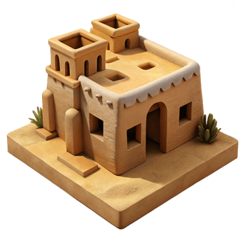 vibrant contemporary A rustic, desert pueblo made of adobe bricks with intricate carvings. Warm, desert sunlight with a textured, earthy style high quality png