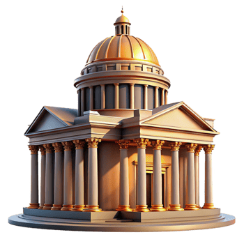 extraordinary artistic A grand, neoclassical courthouse with towering columns and a majestic dome. Dramatic, cinematic lighting with a stately, formal style high resolution png