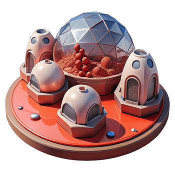 beautiful minimalist A futuristic, Mars colony with geodesic domes and red Martian soil. Harsh, red-tinted lighting with a scientific, futuristic style professional png