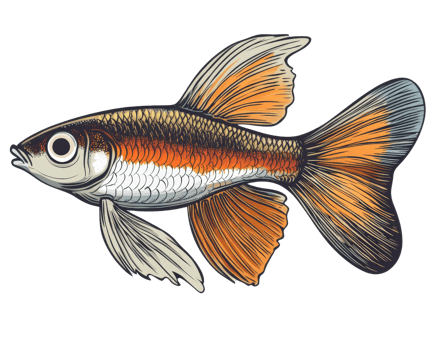 vibrant illustration of fish with detailed scales and flowing fins, showcasing mix of orange, white, and black colors. fish appears dynamic and lively, set against transparent background png