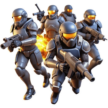 elegant minimalist A group of futuristic soldiers in power armor, charging into battle, illuminated by muzzle flashes and explosions. Dynamic, action-packed style original png
