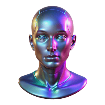 serene modern A holographic projection of a human face, glitching and distorting, illuminated by flickering neon lights. Cyberpunk style genuine png