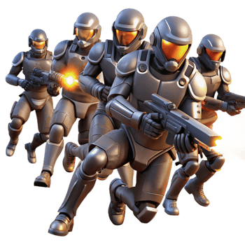 beautiful modern A group of futuristic soldiers in power armor, charging into battle, illuminated by muzzle flashes and explosions. Dynamic, action-packed style exclusive png
