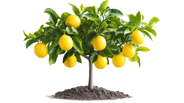 vibrant lemon tree with lush green leaves and ripe yellow lemons growing in soil, symbolizing freshness and natural growth png