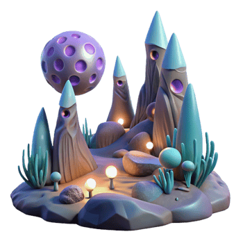 beautiful traditional An alien landscape with strange, glowing flora and towering rock formations, illuminated by the light of multiple moons. Surreal, otherworldly style authentic png