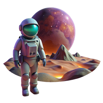 magnificent creative A lone astronaut exploring a desolate, alien planet, illuminated by the eerie glow of a nearby nebula. Matte painting style exclusive png