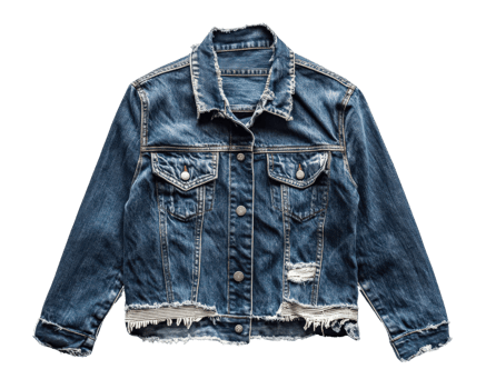 Denim jacket with distressed details and classic design, perfect for casual outfits. This stylish piece adds trendy touch to any wardrobe png