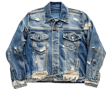 Distressed denim jacket with classic design, featuring frayed edges and multiple pockets. Perfect for casual outfits and adding vintage touch to any wardrobe png