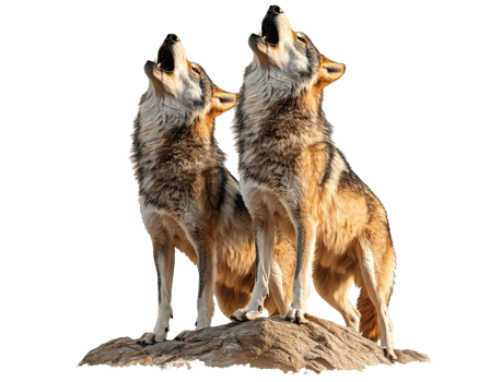 Two wolves howling on a rock png