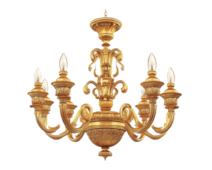 Elegant golden chandelier with intricate design and six candle like lights, perfect for adding touch of luxury to any space png