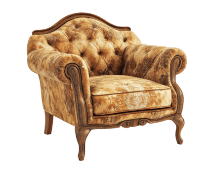 Vintage tufted armchair with ornate wooden legs and rich upholstery, perfect for adding touch of elegance to any room png