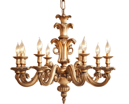 Elegant gold chandelier with ornate design and multiple candle like lights, perfect for adding touch of luxury to any room png