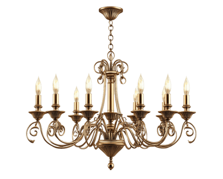 Elegant chandelier with eight lights, featuring intricate metalwork and vintage design, perfect for enhancing any room ambiance png