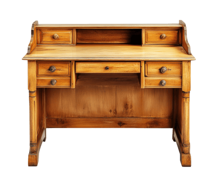 vintage wooden desk with multiple drawers and polished surface, perfect for classic office or study setting. Its warm tones and detailed craftsmanship add charm to any room png