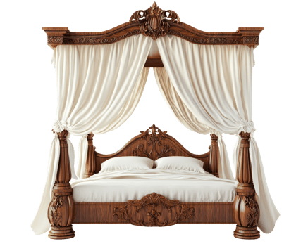 A bed with a canopy and white curtains png