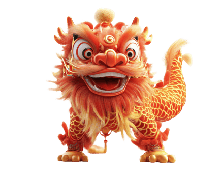 vibrant and detailed lion dance costume featuring fierce expression, bright red and gold colors, and intricate designs. This traditional symbol represents joy and celebration png
