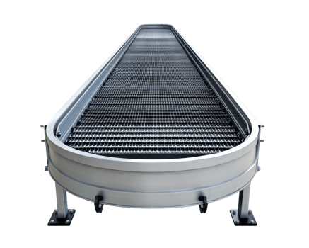 long, curved metal conveyor belt with mesh surface, designed for transporting materials in industrial settings. It showcases sturdy construction and practical design png