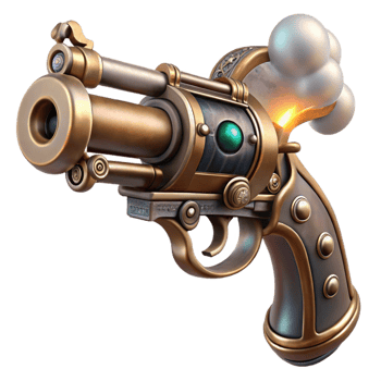 impressive abstract A steampunk pistol with intricate engravings and a pearl handle, smoke curling from the barrel, dramatic lighting. Steampunk art style professional png