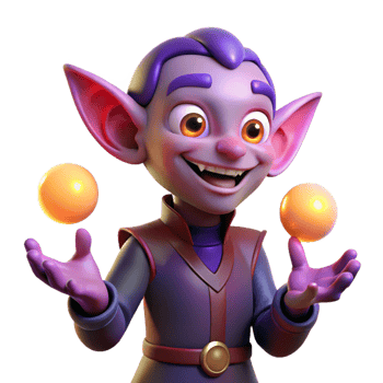 stunning creative A mischievous imp with pointed ears and a wicked grin, juggling glowing orbs of energy. Vibrant, neon lighting. Cartoon style exclusive png