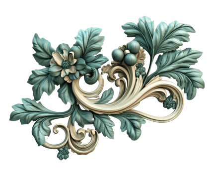 Elegant floral ornament with intricate leaves and flowers in teal and cream tones, showcasing detailed craftsmanship and artistic design png