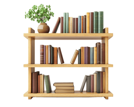 A wooden book shelf with books and a plant png
