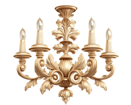 Elegant gold chandelier with five lights and intricate leaf designs, perfect for adding touch of luxury to any room png