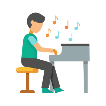 Student playing piano in a cozy room digital illustration joyful atmosphere side view creative expression png