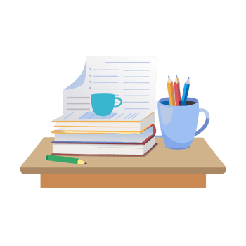 Teacher's desk setup classroom digital illustration organized environment top view education focus png