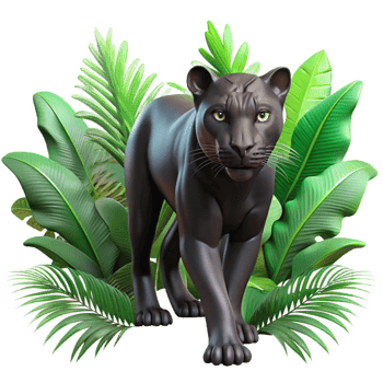 dramatic contemporary A sleek black panther prowling through dense jungle foliage, dappled sunlight filtering through the leaves, realistic style professional png