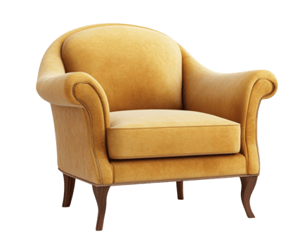 Luxurious yellow armchair with elegant curves and wooden legs, perfect for stylish interiors. This chair adds touch of warmth and sophistication to any room png