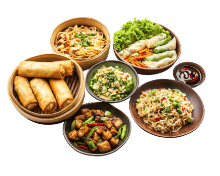A variety of asian food in bowls png