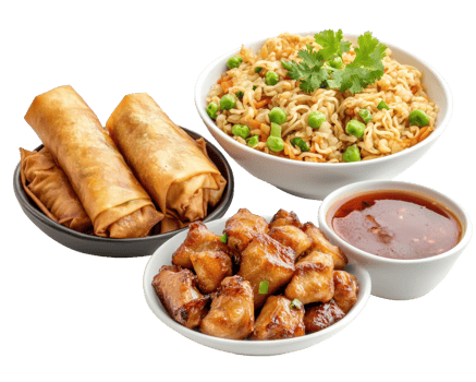 Chinese food with rice, chicken and vegetables png