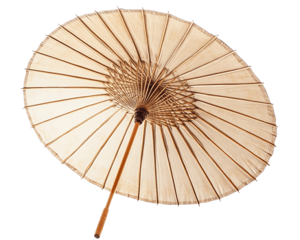 Traditional paper umbrella with wooden frame, showcasing intricate design and craftsmanship. Perfect for decorative purposes or cultural events png