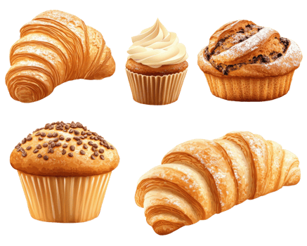 A set of different types of croissants and muffins png
