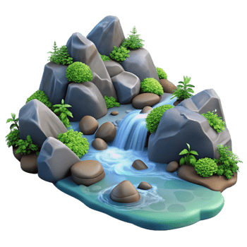 serene vintage A bubbling mountain stream flowing over smooth rocks, surrounded by lush vegetation. Realistic style, natural lighting genuine png