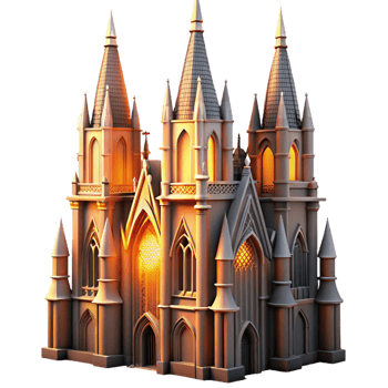 serene classic A towering Gothic skyscraper, intricate gargoyles perched along its spires, bathed in the warm glow of a setting sun, rendered in a hyperrealistic style high quality png