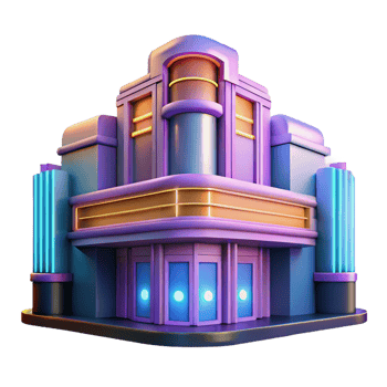 elegant artistic An Art Deco cinema, vibrant neon signs illuminating its facade, rain-slicked streets reflecting the light, cinematic lighting, digital art authentic png