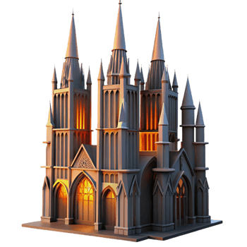 dramatic artistic A towering Gothic skyscraper, intricate gargoyles perched along its spires, bathed in the warm glow of a setting sun, rendered in a hyperrealistic style 4K png
